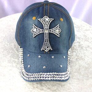 Denim Rhinestone Cross Baseball Cap Adjustable – Bling Embellished Hat